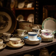 Fototapeta premium High-angle view of a collection of antique , porcelain teacups and saucers in a dusty antique shop , fujifilm x100f, f8, 1125s , iso 200