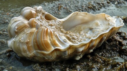 A close-up shot of a large seashell with a smooth, white interior and a textured, brown exterior, resting on a sandy beach. The shell symbolizes nature, beauty, the ocean, and the passage of time.