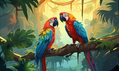 Parrots in rainforest, flat design, front view, exotic theme, animation, Complementary Color Scheme