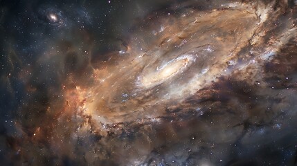 Obraz premium The galactic core, dense star clusters and a supermassive black hole, seen from a distant moon, intense light contrasts and swirling gas clouds,