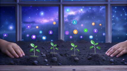 Hands nurture seedlings, representing growth of knowledge in cosmic classroom