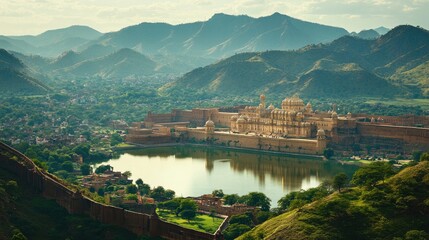 The majestic Amer Fort in Jaipur, with its mirror palace and panoramic views of the surrounding landscape.