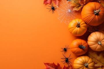 Happy Halloween flat lay mock up with Halloween pumpkins, leaves and spider web on orange background. Top view with copy space.