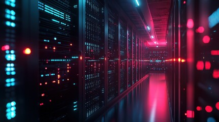 A high-tech data center with rows of servers, blinking lights, and AI-driven monitoring systems processing massive amounts of data in real-time, showcasing the power of advanced computing technology