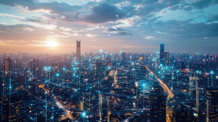 Fototapeta premium A futuristic landscape with interconnected smart buildings, AI-driven infrastructure, and digital connectivity, showcasing the integration of technology and urban planning in a modern cityscape