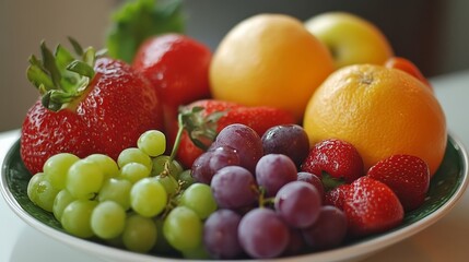 A colorful bowl of fresh fruits, including grapes, oranges, strawberries, and more. A healthy and delicious snack option.