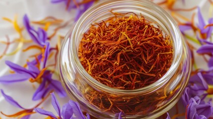 Fototapeta premium A close-up view of saffron spice in a glass jar, surrounded by purple crocus flowers. The vibrant orange threads of saffron symbolize flavor, luxury, and tradition.