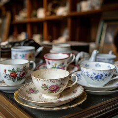 High-angle view of a collection of antique , porcelain teacups and saucers in a dusty antique shop , fujifilm x100f, f8, 1125s , iso 200