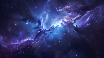 Naklejka premium A majestic interstellar cloud with swirling gas and dust, stars forming within, light breaking through the cosmic mist, vibrant hues of blue and purple, viewed from a distant planet,