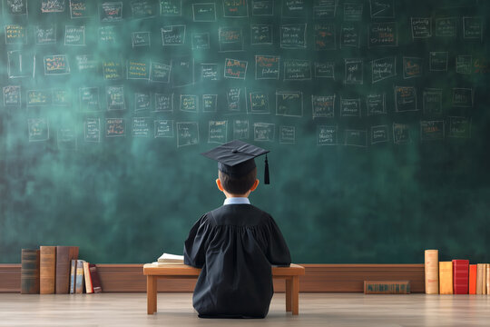 Young boy in graduation cap and gown, sitting at a desk, looking at a chalkboard filled with notes