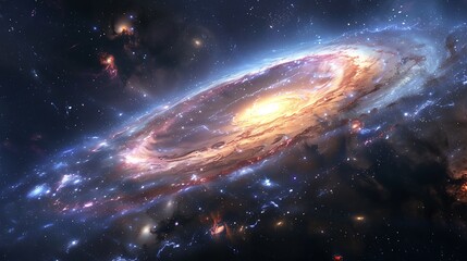 Fototapeta premium An interstellar craft traveling through the vast void between galaxies, distant galaxies and colorful nebulae visible, vast emptiness and shimmering starlight,