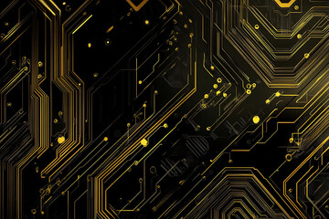A modern abstract design featuring gold lines and dots representing network science and technology on a high-tech dark background. Ideal for templates, web design, and presentations