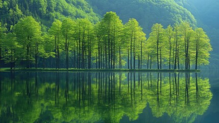 A Row of Trees Reflecting in a Still Lake