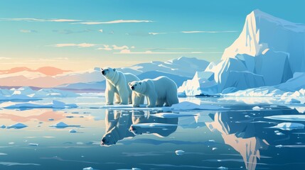 Glacier scene with polar bears, flat design, side view, wilderness theme, 3D render, Triadic Color Scheme