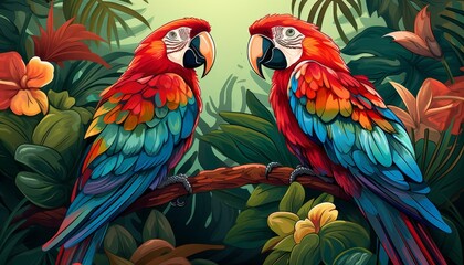 Rainforest background with parrots, flat design, top view, tropical theme, cartoon drawing, vivid