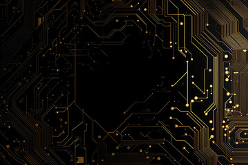 A modern abstract design featuring gold lines and dots representing network science and technology on a high-tech dark background. Ideal for templates, web design, and presentations
