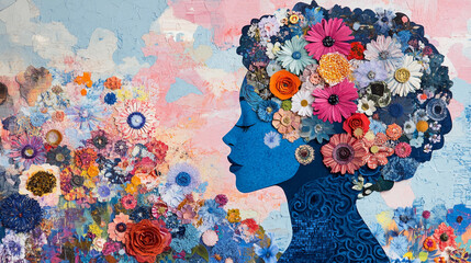 Abstract contemporary art lady head silhouette paper collage of flowers on pastel background representing a centered calm