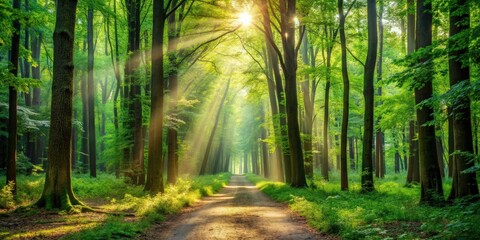 Naklejka premium Peaceful forest walk surrounded by tall trees, lush greenery, and filtered sunlight rays, nature, outdoors, hiking