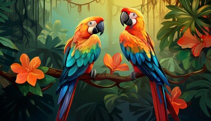 Fototapeta premium Rainforest background with parrots, flat design, top view, tropical theme, cartoon drawing, vivid