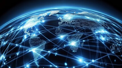 A glowing earth with interconnected lines symbolizing global communication, network infrastructure, data transfer, internet connectivity, and technological advancement.