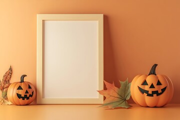 A simple blank wall with a photo frame mock up on a single color background, with Halloween pumpkin and leaves.