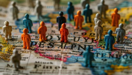 Colorful Figurines on World Map Representing Global Population and Demographics
