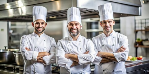 Three chefs posing happily in a kitchen with arms crossed, chefs, uniforms, kitchen, posing, happy - Powered by Adobe