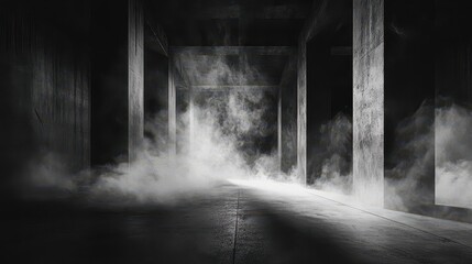 Obraz premium Empty concrete room with dark, ominous shadows, smoke creeping along the floor, faint cobwebs, Halloween theme, monochrome