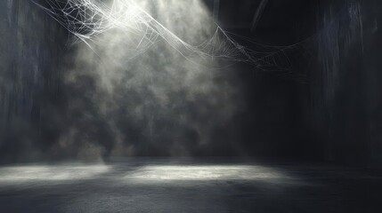 Empty concrete room with dark smoky background, faint cobwebs, eerie Halloween setting, soft lighting