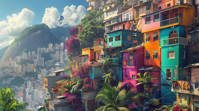 Colorful Brazilian favelas on the slopes of a hill, with palm trees and flowers in the foreground. In the background, high-rise buildings and lush green mountains are visible