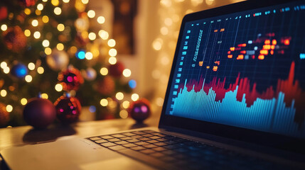 A laptop displaying stock market charts and graphs in front of a decorated Christmas tree, symbolizing holiday season, financial markets, trading, investing, and technology.