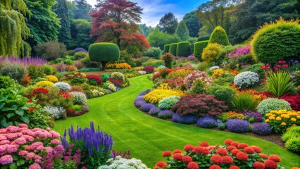 A beautiful garden with colorful flowers, lush green plants, and manicured landscaping, gardening, landscaping, flowers