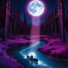 A surreal night scene in a dense forest, a shining full moon casts a focused beam of light onto a winding river. A lone figure in a canoe is illuminated by the moonbeam floating down the river.
