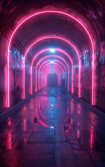 Naklejka premium A neon tunnel with pink lights. The tunnel is long and narrow