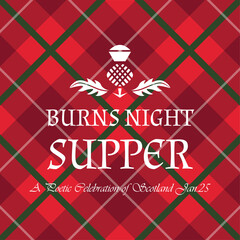 Burns night supper card on tartan background. Scottish holiday