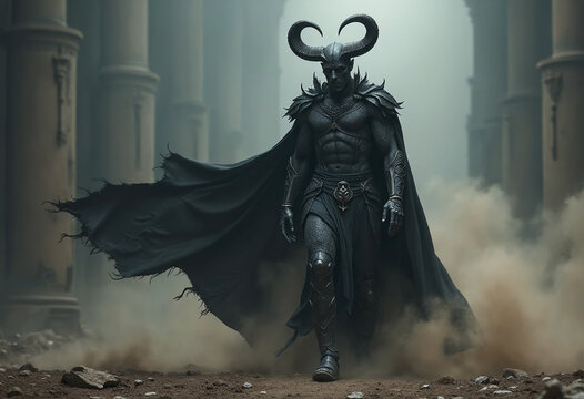 Hades in the underworld, the ancient greek god, horned, black skin and grunge dark clothes, black scale armour