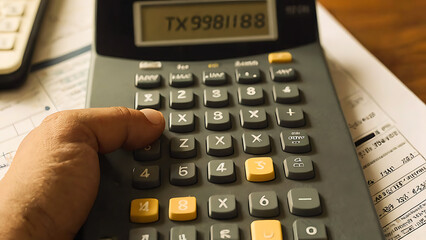 A close-up shot of a stressed young Asian businessman, focusing intently as he uses a calculator to determine his tax income, expenses, and credit card bills. The setting appears to be either his home