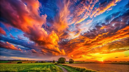 Vibrant sunset with colorful clouds over rural landscape, sunset, colorful, clouds, vibrant, sky, rural, landscape, dramatic