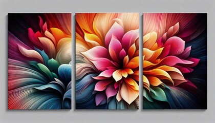 HD modern triptych art of explosive flower color gradients, smooth transitions between vibrant colors, abstract and modern, digital painting, Three set
