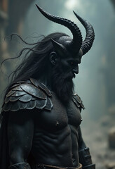 Fototapeta premium Hades in the underworld, the ancient greek god, horned, black skin and grunge dark clothes, black scale armour