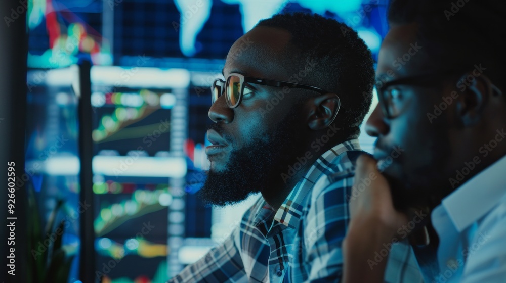 Aufkleber two analysts engage in deep discussion, analyzing dynamic financial graphs illuminated by vibrant sc