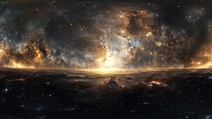 Fototapeta premium A mesmerizing panorama of a celestial landscape, featuring a brilliant sunrise over a distant planet, surrounded by a breathtaking nebula and countless stars. This image symbolizes exploration, wonder