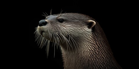 Photo of an otter isolated against a black background, emphasising the otter's majestic features. Wildlife and conservation concept, space for copy.
