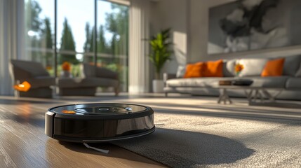 A modern robot vacuum cleaner sits on a hardwood floor in a living room with a couch and a plant in the background. The robot vacuum cleaner is a symbol of convenience, efficiency, and modern technolo