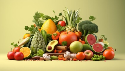 Raw food ingredients flat design side view fresh produce 3D render Complementary Color Scheme