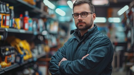 Obraz premium A confident man poses with crossed arms, surrounded by various tools and equipment in a vibrant hardware store, embodying expertise and readiness
