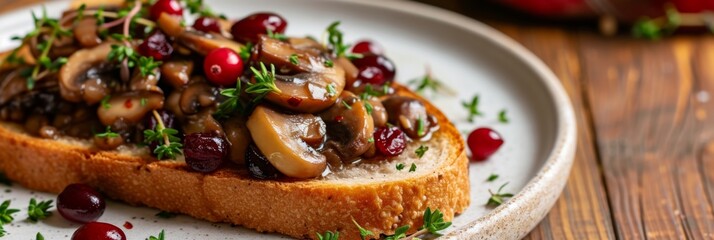 Gourmet toast topped with sauted mushrooms and cranberries