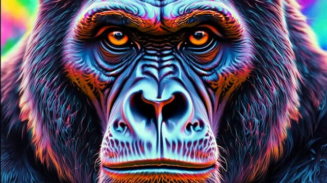 close up of a face of a gorilla psychedelic