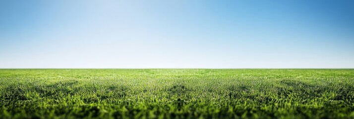 A panoramic view of a vibrant green grass field stretching out under a clear blue sky, symbolizing growth, renewal, tranquility, and the beauty of nature.