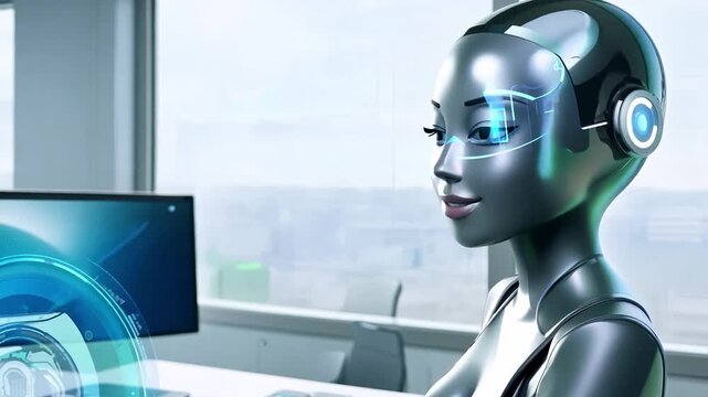 Female robot working on computer with futuristic hologram interface